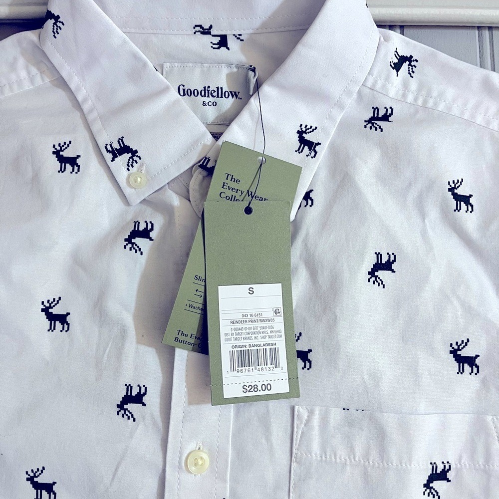 Goodfellow Reindeer Print Long Sleeve Button Down Shirt Mens Small Slim NWT - Picture 4 of 11